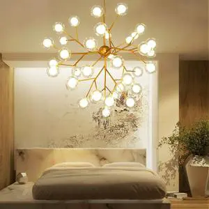 Postmodern Firefly Chandelier, Nordic Minimalist Bedroom, Living Room and Dining Lighting, Glass Bubble Ball Led Branch Lamp