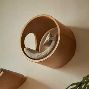 Minimalist Circular Wooden Cat Wall Perch With Cushion & Pillow | Space-Saving Cat Wall Furniture For Contemporary Home