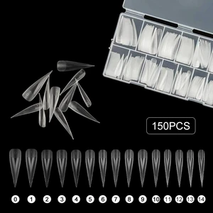 150pcs Clear Extra Long Stiletto Fake Nail, Full Cover PMMA False Nails 0-14 Sizes. Salon Manicure Extension Supplies
