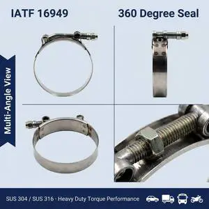 Stainless Steel Polished T Bolt Hose Clamp 3/4 Inch Metric Automotive Adjustable Customizable Sizes Powerful Clamping