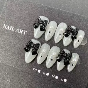 High-quality Handmade Nail Factory Wholesale Almond Shape Black and White Color Bow Style Reusable