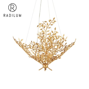 Vintage Chandelier French Country Decor Gold Brass Metal Leaf Shape LED Luxury Rustic Art Decor Creative Branch Pendant Lamp