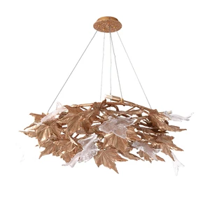 Luxury French Style Villa Brass Maple Leaf Branch Chandelier, High-end Crystal Living Room Lighting Decoration