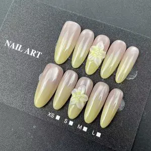 High-quality Handmade Nail Factory Wholesale Long Oval Nail Shape Yellow Gradient Carved Style Reusable