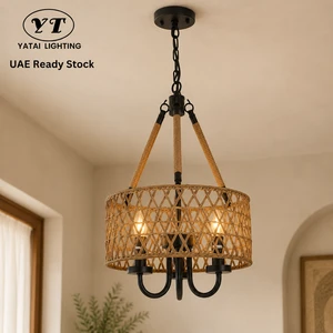 Boho Woven Rattan Pendant Light With Iron Hemp Rope Shade Adjustable Height For Dining Room Restaurant Home Decor