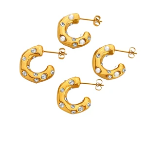 Muxiji-Hot-Selling Titanium Steel Gold-Plated Pearl Zircon Inlaid C-Shaped Earrings, Vinta