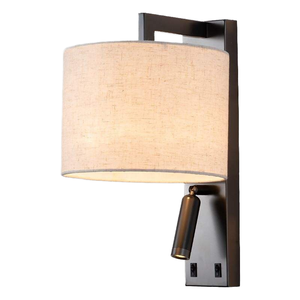 Modern Iron Wall Lamp Beige Fabric Drum Shade LED E27 Base Warm Light Switch Control Wall Mounted Bedroom Lighting 3-Year
