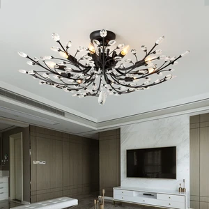 American-style Black Iron Adjustable Height Living Room Pendant Light Branch-Shaped Double-Tier Modern Chandelier Crystal