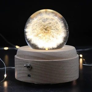 Gift Dandelion 3D Crystal Ball Night Light Battery Wood Base Led Mood Lamp With Music Box