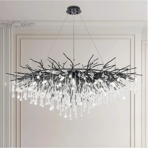 New Light Luxury Aluminum Crystal Branch Chandelier Elegant Black French Waterdrop Branch Living Room Villa Crystal Pendant Lamp