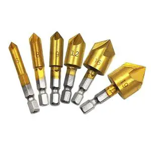 Professional Countersink Drill Bit Set 6-Piece 90° 5-Flute Titanium Coated Chamfer Tool for Fast Deburring & Hole Chamfering
