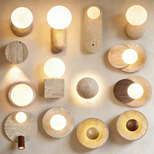 Nordic Restaurant Hotel LED Walnut Wood Round Travertine Wall Sconce Wabi-Sabi Yellow Travertine Series Bedside Wall Light
