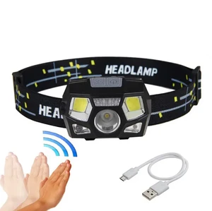 USB Rechargeable XPE LED Head Torch Adjustable Waterproof COB Headlamp with Motion Sensor IP65 Rating for Camping