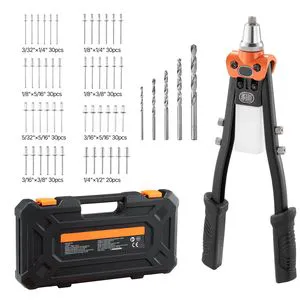 Pop Rivet Gun Kit with 230 Blind Rivets Two Handed 5 Interchangeable Nosepieces and 5 Drill Bits Carrying Case Included