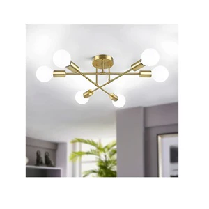 Modern Sputnik Chandelier 6-Light Gold Semi Flush Mount Ceiling Light Fixture with E26 Base Industrial Mid Century