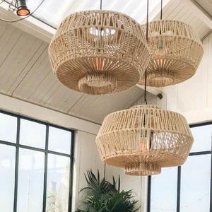 Best Selling Indoor Lighting Antique Modern Wooden Frame Ceiling Pendant Chandelier Wicker Lampshades Hanging Lamp Rattan Bamboo