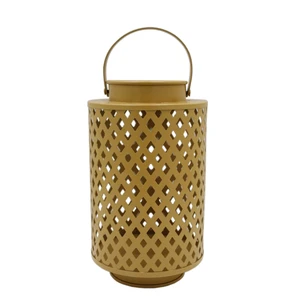 Home & Garden Matt Yellow Iron Lantern with Handle Powder Coated Candle Stand and T Lite for Christmas Home Decoration
