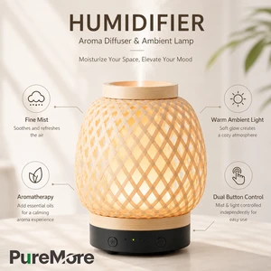 Rattan Lantern Ultrasonic Cool Mist Aroma Diffuser Warm Night Light for Bedroom Office Spa Tabletop Home Decor Humidifier