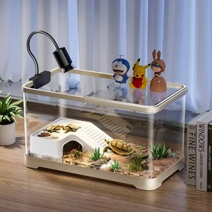 Premium Turtle Habitat Tank With Basking Hideout And Heat Lamp For Small Reptile Pets