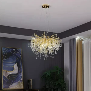 Luxury Aluminum Branch Crystal Chandelier Nordic Design Living Room Dining Table Decoration Pendant Lamp Glass Droplet Light