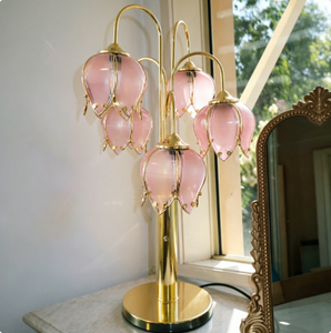 5-Head Flexible Modern Pink Lotus Glass Table Lamp with Brass Base DC Powered E26 Bedside Light for Bedroom