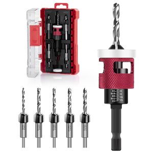 5-Piece Countersink Drill Bit Set with Adjustable Depth Stop, 1/4