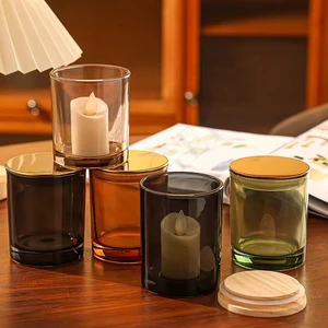 Wholesale Colorful 7oz 10oz 14oz DIY Soy Wax Container Glass Candle Holders Lanterns and Jars With Bamboo Wood Metal Lids