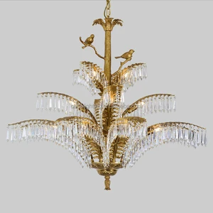 Luxury Antique Copper Retro French Brass Vintage Hotel Lobby Pendant Light Duplex Villa Crystal Palm Leaf Tree Branch Chandelier