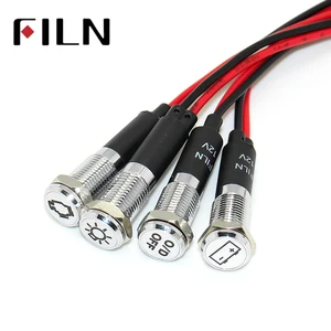 FILN 8mm Flat Head Car Indicator Light Metal Black Led with Symbol 12v Led Indicator Light with 20cm Cable