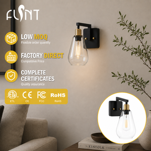 Hot Selling Low MOQ LED Iron E26 Decorative Flared Shaped Wall Lamp Matte Black Gold Color Glass Wall Sconce For Bedroom Hotel