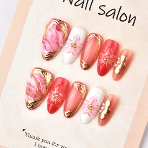 30 Pieces of Gilded 3D Three-dimensional Gradient Flower Red Almond Nail Art Tips, Handmade Rhinestone Nail Art Wholesale.