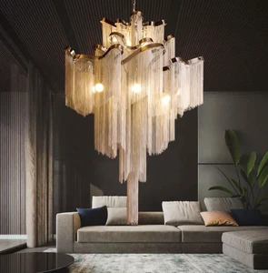 Zhongshan Hanging Pendant Light Vintage Aluminum Chain Tassel Fringe Villa Lobby Hall Living Room Hotel Stair Chandelier