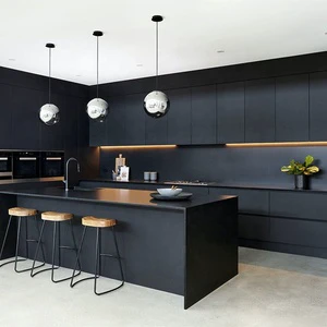 Custom Made E0 Black Matte Glossy Lacquer 2 PAC Kitchen Cabinet With Marble Counter Soft Close FSC Certificate Australian Villa