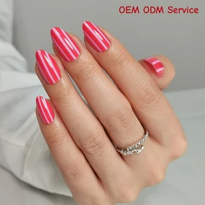 Wholesales OEM ODM Custom Almond False Fake Nails Set Wholesale Soft Gel Premium Hot Pink Stripe Artificial Press On Nails Kit