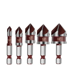 PMS 1/4 Hex Shank Bearing Steel 5 Flute Metal Countersink Drill Bit Set Wood Drilling Bit Set