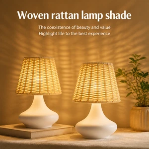 Modern Simple Battery Powered Metal Base Rattan Table Lamp With LED Lighting For Living Room Bedroom Hotel Warm Atmosphere