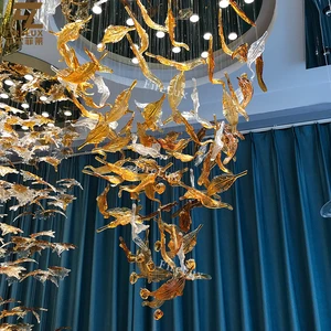Firelux Customized High-quality Villa Hotel Staircase Indoor Large-sized Amber Platinum Feather Branch Leaf Chandelier Light