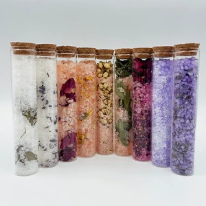 Relaxing Vegan Organic Herbal Mixed Epsom Bath Salt With Flowers In Glass Tube Packing Himalayan Pink Bath Salt