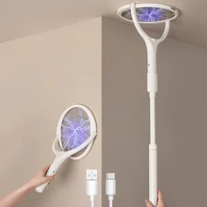 Rotating Head Solid ABS Electric Fly Swatter with Extension Pole Rechargeable Bug Zapper Mosquito Racket
