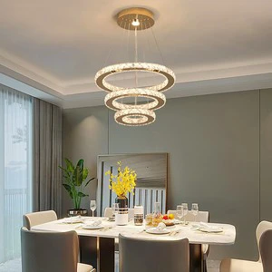 Factory Direct 3-Ring Hanging Crystal Chandelier, Stainless Steel K9 Tri-Color Dimmable LED Light for Living Room Dining