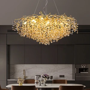Nordic Luxury Twigs K9 Crystal Chandelier with Golden Metal Iron Lamp Body Pendant Light for Living Room Bedroom Dining Kitchen