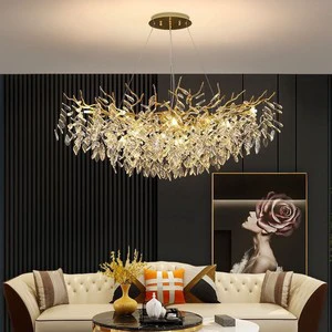 American Style Raindrop Crystal Tree Branches Pendant Light Luxury Aluminum Chandeliers Middle Adjustable Height Living Room