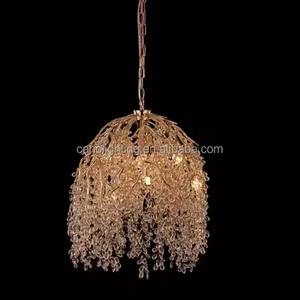 New Design Copper Branch Art Crystal Chandelier for Staircase Villa Hall Crystal Elm Tree Flowers Coin Tassels Pendant Light