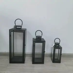 3 Sizes Black Metal Frame Glass Lantern Decorative Candle Holder Lantern with Handle Wedding Farmhouse Tabletop Floor Decor