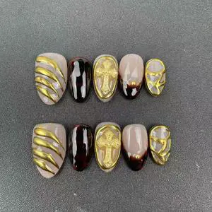 High-quality Factory Wholesale Handmade Press-on Nails, Reusable Almond Shape, Hand-painted 3D Design, Shiny Colors