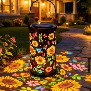 Iron Art Hollow Solar Led Colorful Sunflower Projection Lantern Portable Hanging Light for Balcony Garden Outdoor Decor