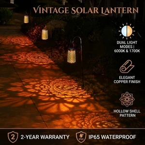 Decorative Solar Lantern Lamp Copper Finish Easy Install for Courtyard Pathway Ambience
