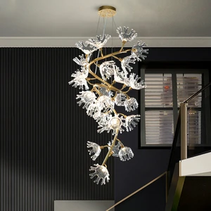 Solid Copper Artistic Petal Chandelier, Light Luxury Creative Staircase Lighting for Villa Duplex Stairwell & Living Room