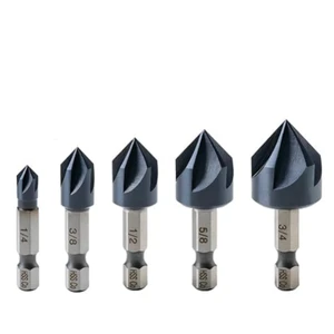 Noir-Ti Cobalt Countersink Drill Bit Set(Pro), Titanium Aluminum Nitride Coated with Quick Change Hex Shank, 5-Piece 1/4