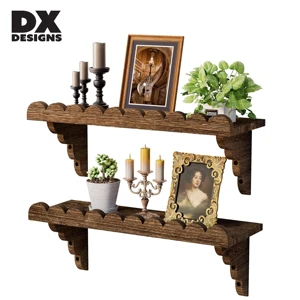 DX Designs 2 Pack Scalloped Wooden Floating Wall Shelves, Vintage Brackets Rustic Farmhouse Wall Storage for Bathroom Bedroom